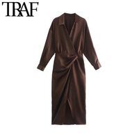 Traf Women Fashion с собранным мягким прикосновением Midi платье винтажное с длинным рукавом передние вентиляционные отверстия женские платья vestidos mujer a220812