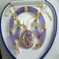 Purple Jade Gold Plated Fortune Dragon Phenix Bracelet Pendant Necklace Earrings214i