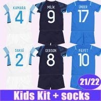 21 22 Milik Payet Kit Kit Futebol Jerseys Alvaro Guendouzi Guendouzi Gueye Away 3ª Camisa de Futebol Kamara Gerson Cuidada Criança Fardos de Manga Curta