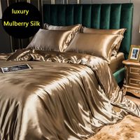 Mulberry Silk luxury Bedding Set with fitted sheet High-end 100% Silk Satin Bedding Sets soft smooth Solid Color quilts Cover 220321