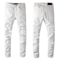 Jeans bianchi con buchi maschile maschile designer in difficoltà strappata per i pantaloni da uomo danneggiati moto patchwork lungo cerniera largo denim giovane slim dritto foro