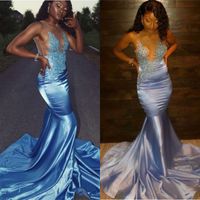 Sexy Mermaid Blue Prom Dresses 2022 Sheer Tulle Sleeveless Lace Appliques Beaded Elegant Satin Long Formal Evening Party Gowns