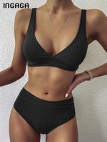 Ingaga Seksi Bikini Yüksek Bel Mayo kadın Mayolar Push Up Biquini Nervürlü Mayo Siyah V Yaka Bikini Seti W220425