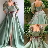 Vintage Beaded Split Prom Dresses A Line Sweetheart Half Long Sleeve Lace Appliqued Plus Size Evening Gowns Custom Made Party Dres242T