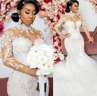 2022 Summber Mermaid Wedding Dresses Long Sleeves Bridal Gown Beaded Crystals High Neck Lace Applique Sweep Train Custom Made African Plus Size Vestido De Novia