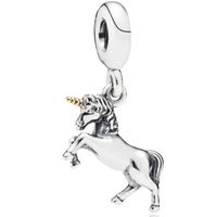High Quality Real S925 Sterling Silver Unicorn Horse Dangle Charms Pendant Fit For Pandora Bracelet DIY Bead Charm With Gold plated Horn