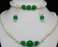 Pretty 7-8mm White Pearl & Green Jade Round Gems Necklace Bracelet Earring Set