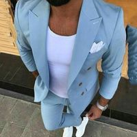 Men's Suits & Blazers Summer Light Blue Slim Fit Men For Groom Wedding Double Breasted Tuxedo 2 Piece Jacket Pants Set Formal Prom Costume H