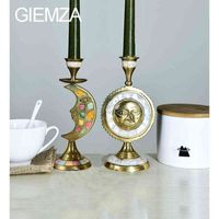 GIEMZA Candlestick Handmade Candle Holder Brass Inlaid Shells Decorative Ornaments Stand Sun Moon Snowflake Shell Decor H220419