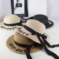 Caps Hats chapéu de palha infantil letra de bordado de fita arco de fita sol para meninas verão praia boné panamá baby
