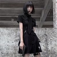 Qweek Goth Elbise Punk Ic Harajuku Yaz Siyah Mini Gömlek Kadın Kısa Kollu Emo Giysileri Mall Dark Academya 220526
