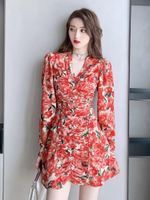 Casual Dresses Spring Women Mini Dress French Retro Sweet Print Red Flower Long Sleeve Folds A-Line Outfit Femme Party Date Vestidos Para Mu