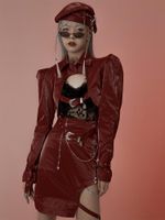 Kadın Ceketleri Japon harajuku tarzı kızlar kırmızı punk yüksek bel metal toka zincir dikiş ceket moda gündelik gotik uzun kollu