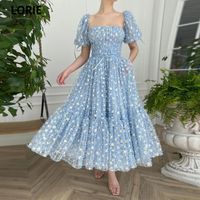 Party Dresses Blue Square Neck Midi Prom Short Sleeves Daisies Lace Gowns With Pockets Tea-Length Wedding DressesParty