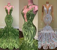 2022 Sparkly Sequins Olive Green Silver Mermaid African Prom...