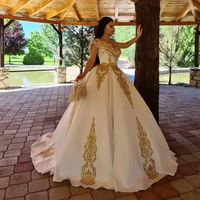 New White Satin Caftan Evening Dresses Plus Size Princess Off Shoulder Gold Lace Applique Arabic Prom Gowns Custom Made