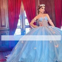 Charro vestidos de xv años quinceanera vestido azul claro Apliques de borboleta mexicana Sweet 16 vestido de baile