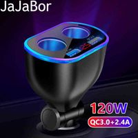 JaJaBor Car Cigarette Lighter Socket Splitter 2 Port Power 120W High Power Dual USB 2.4A QC3.0 Quick Charging Car Charger H220512