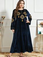 Artı boyutu elbise nakış püskül kadife elbise kadınlar uzun indie halk gevşek Arap Müslüman ayak bileği uzunluğu
