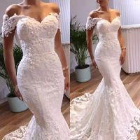 Elegant Mermaid Wedding Dresses Short Sleeves 2022 Lace Applique Sweep Train Custom Made Plus Size Wedding Bridal Gown Vestido de novia