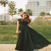 Elegant sheer lace black evening gowns capped sleeves a-line chiffon women modest prom long dresses formal party dress212p