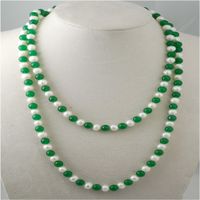 Hand knotted necklace natural 8-9mm white freshwater pearl red jade or green jade sweater chain 45inch