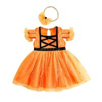 Girl's Dresses Baby Girls Summer Dress With Bow Headband Hollow Mesh Sleeve Orange Color Contrast Glitter Square Neck Cute Toddler DressGirl