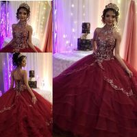 Modern Sliver Embroidery Burgundy tulle Quinceanera Prom dresses High Neck Keyhole Back Crystal Beaded Ruffles Sweet 16 Dress Vast250H