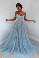 Stunning Light Sky Blue Sequined Evening Dresses Sexy Spaghetti Strap Backless Sheer Tulle Blingbling Sequins Long Formal Occasion Prom Gowns BC5842 0510