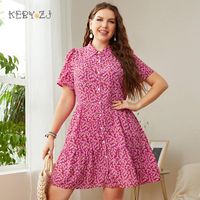 Plus Size Dresses ZJ Summer Ladies Short Sleeve Button Print A-Line Big Mini Dress Elegant Urban Casual Women's DressPlus
