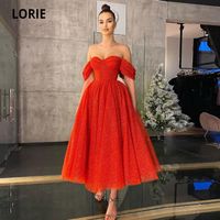LORIE Glitter Prom Dress Red Off the Shoulder Tea Length Shiny Celebrity Wedding Party for Graduation vestidos de fiesta 220623