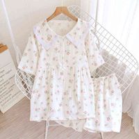 Japanese Summer Ladies New Pyjamas Two Piece Cotton Crepe Pop Collar Short Sleeves Short Fresh And Thin Home Service Cover J220521