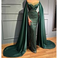Emerald Green Beaded Evening Dress with Cape Sleeves sheer O Neck Mermaid Sequin Dubai Arabic kaftan Long Formal Prom Party Gowns