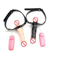 Latest Female Lesbian Double Vibrate Dildos Penis Mouth Gag Ball With Adjustable Leather Harness Bondage Restriants Adult BDSM Sex260d