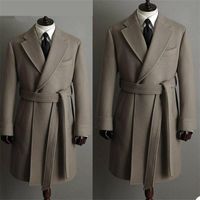 Trajes para hombres blazers hombres guapos sólidos con lana de cinturón gruesa abrigo a medida hecha larga capa gris claro de la solapa de negocios de moda