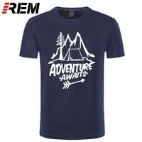 REM Adventure väntar på bokstaven Tshirt Travel Pine Tree Mountains Tält Tryck Tshirt Top Quality Pure Cotton Unisex 220520