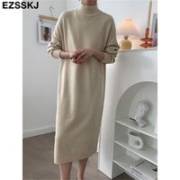 Sonbahar Kış Boy Gevşek Uzun Kalın Kazak Elbise Kadın Uzun Kollu Düz Maix Elbise Kadın Sıcak Uzun Örgü Elbise 220317