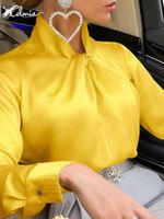 Женские блузкие рубашки Celmia Satin Yellow Women 2022 Мода витуха