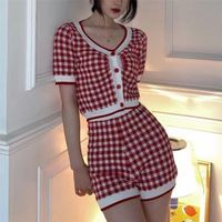 Summer Plaid Trewt Two Piece Set Femmes Crop Top Sexy Sexy Sweater Cardigan   Shorts SetS Casual Peld Pantals Pantal
