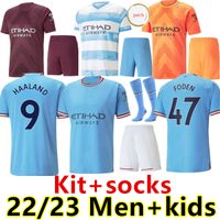Kit Socks 22 23 Manchester Haaland Jersey Grealish Sterling Ferran de Bruyne Foden Gk Mans Cidades Homem Camisas de Futebol Crianças Aguroooo 93 20 anos
