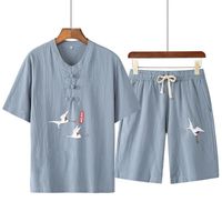 Etnik Giyim Çin tarzı yaz pamuk keten kısa kollu tişört takım elbise erkek nefes alabilen vahşi tang iki parçalı