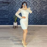 Party Dresses Verngo High Neck White Pearls Prom Lace Feathers Long Sleeves Arabic Women Cocktail Dress Formal Gowns Plus SizeParty
