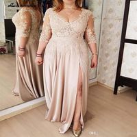 Plus Size Lace Illusion 3 4 Long Sleeve Sheath Mother Of the Bride Dresses Side Split Formal Evening Gowns V Neck See Through Part252t
