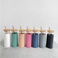 16oz Glass Mug Juice Cup Milk Mugs with Silicone Sleeve Bamboo and Straw Enviroment-friendly Novelty Tumbler Wine Bottle Office Car Panda Drinkware C0512