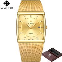 WWOOR Men's Watches Quartz Waterproof Square Clock Male Brand Luxury Stainless Steel Gold Watch Men Wristwatch relogio mascul234P