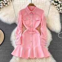 Орно мода женщины розовое платье 2022 новая весенняя мода поворотный воротник с длинным рукавом кнопки тонкие оборками мини-вечеринки платья