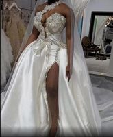 African Nigerian Plus Size Wedding Dresses Luxury Arabic Aso Ebi Crystals High Split puffy skirt Bridal Gowns One Shoulder