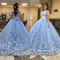 Light Blue Quinceanera Dresses 3D Floral Applique Tulle Off the Shoulder Flowers Ball Gown Sweet 15 16 Princess Formal Wear Custom281g