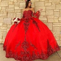 Sparkly Red sequins Quinceanera Dresses Sweetheart Ball Gown Sweet 16 Prom Dresses Vintage Pageant Party Gown Mexican Vestido De 1280S