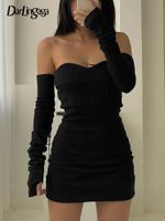 Дарлинггага мода с плеча сексуальное осеннее платье женское длинное рукав Bodycon Solid Basual Black Plays Slash Neck Одежда 220721